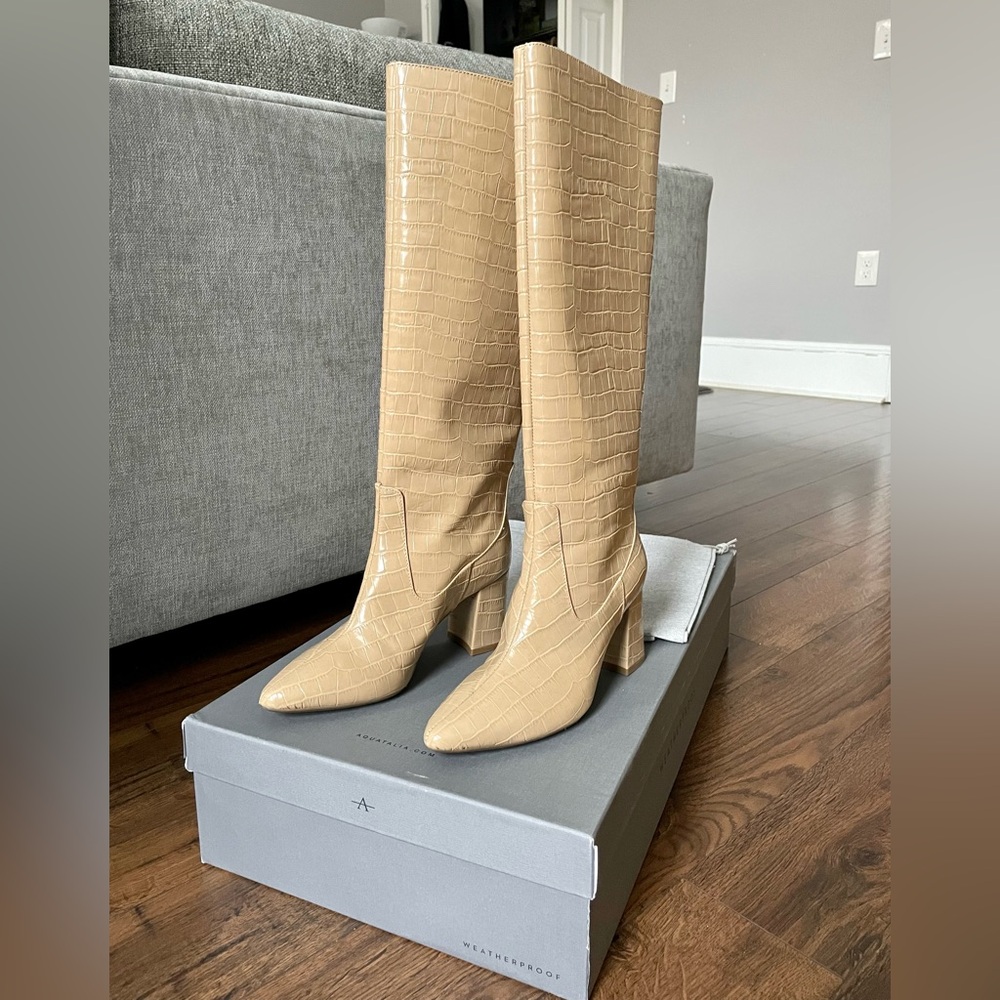 Aquatalia Patton Croc Embossed Tall Heeled Boot, size 7.5, color beige - Picture 1 of 8